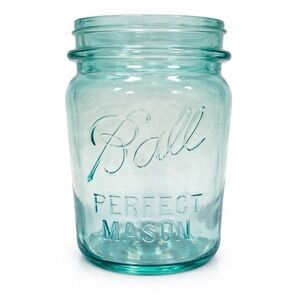 VTG Ball Perfect Mason Aqua Blue Glass Jar #5 Embossed Canning Jar Quart Bubbles